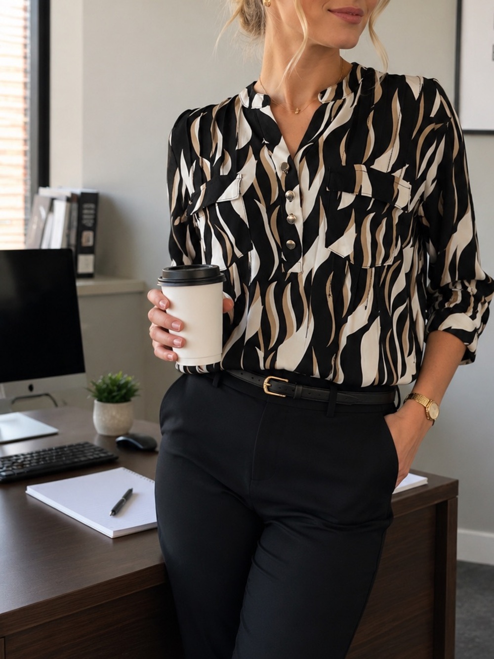 French Twist Black White Abstract Print Blouse Size M Career Office Top
